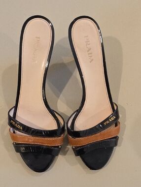 Prada Black and Brown Leather Open-Toe Mules